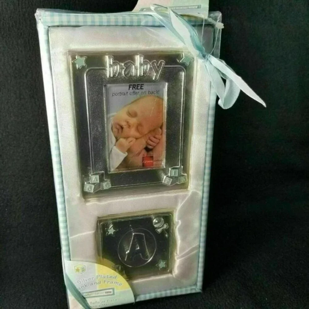 Baby‎ Boy Silver Plated Keepsake Set Photo Frame and Block Blue Gift Box New